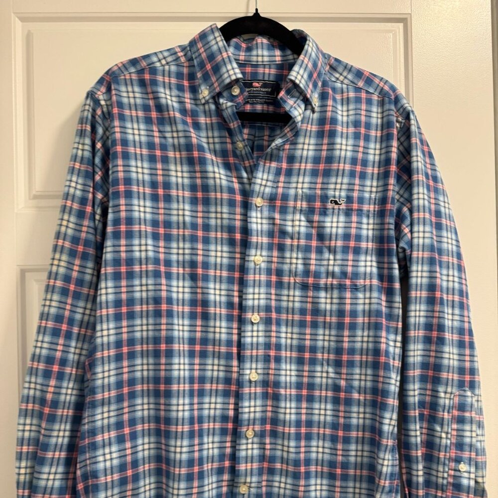 Vineyard Vines Men’s Long Sleeve Plaid Shirt — Blue & Pink | Size Small